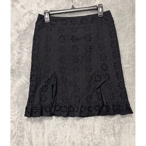 Anna Sui Anthropologie SZ 6 Black Eyelet Cotton Ruffle Skirt Knee Length Slit
